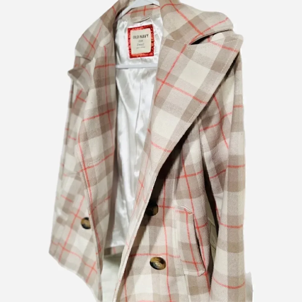 Pink & Beige Plaid Double Breasted Silk Lined Wool Peacoat NWOT